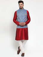 Jompers Men's Solid Dupion Kurta Pajama with Woven Jacqaurd Nehru Blue Jacket | Grocsy
