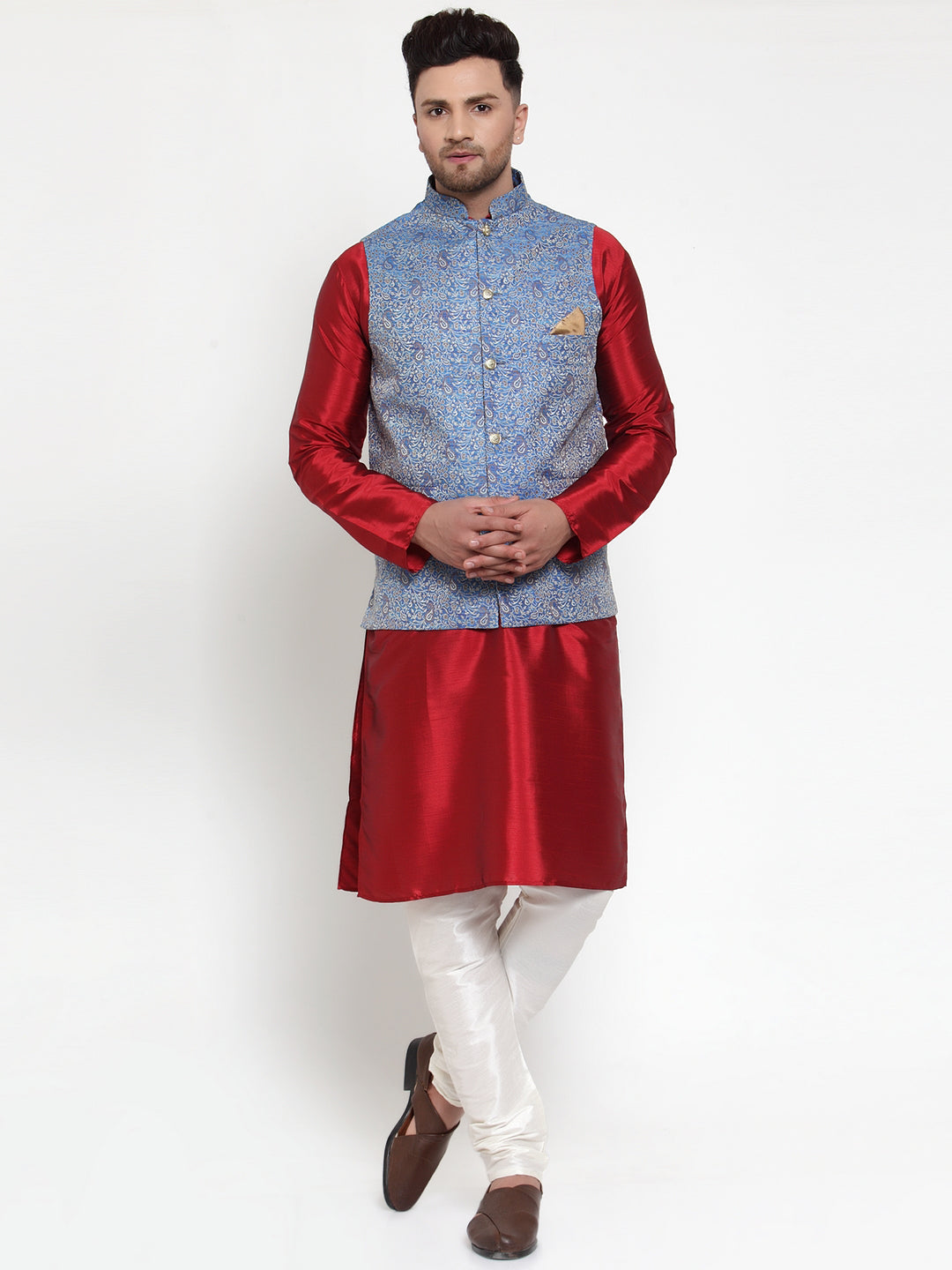 Jompers Men's Solid Dupion Kurta Pajama with Woven Jacqaurd Nehru Blue Jacket | Grocsy