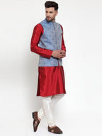 Jompers Men's Solid Dupion Kurta Pajama with Woven Jacqaurd Nehru Blue Jacket | Grocsy