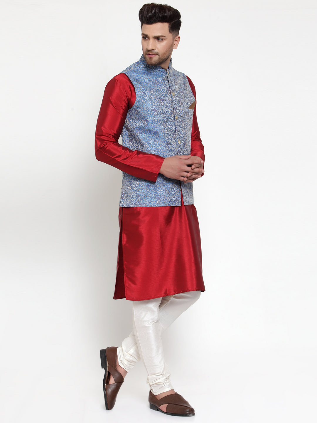 Jompers Men's Solid Dupion Kurta Pajama with Woven Jacqaurd Nehru Blue Jacket | Grocsy