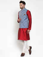 Jompers Men's Solid Dupion Kurta Pajama with Woven Jacqaurd Nehru Blue Jacket | Grocsy