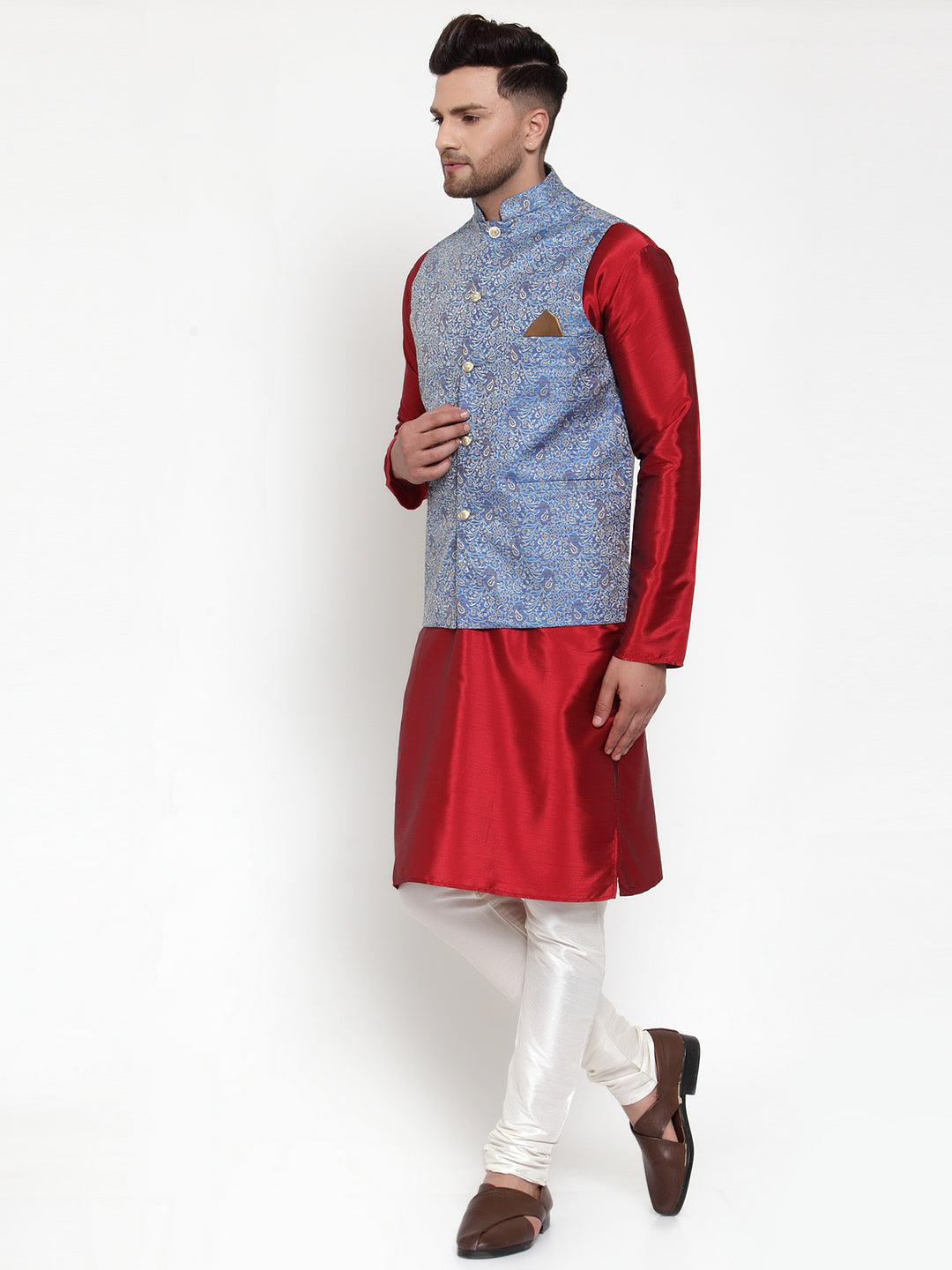 Jompers Men's Solid Dupion Kurta Pajama with Woven Jacqaurd Nehru Blue Jacket | Grocsy