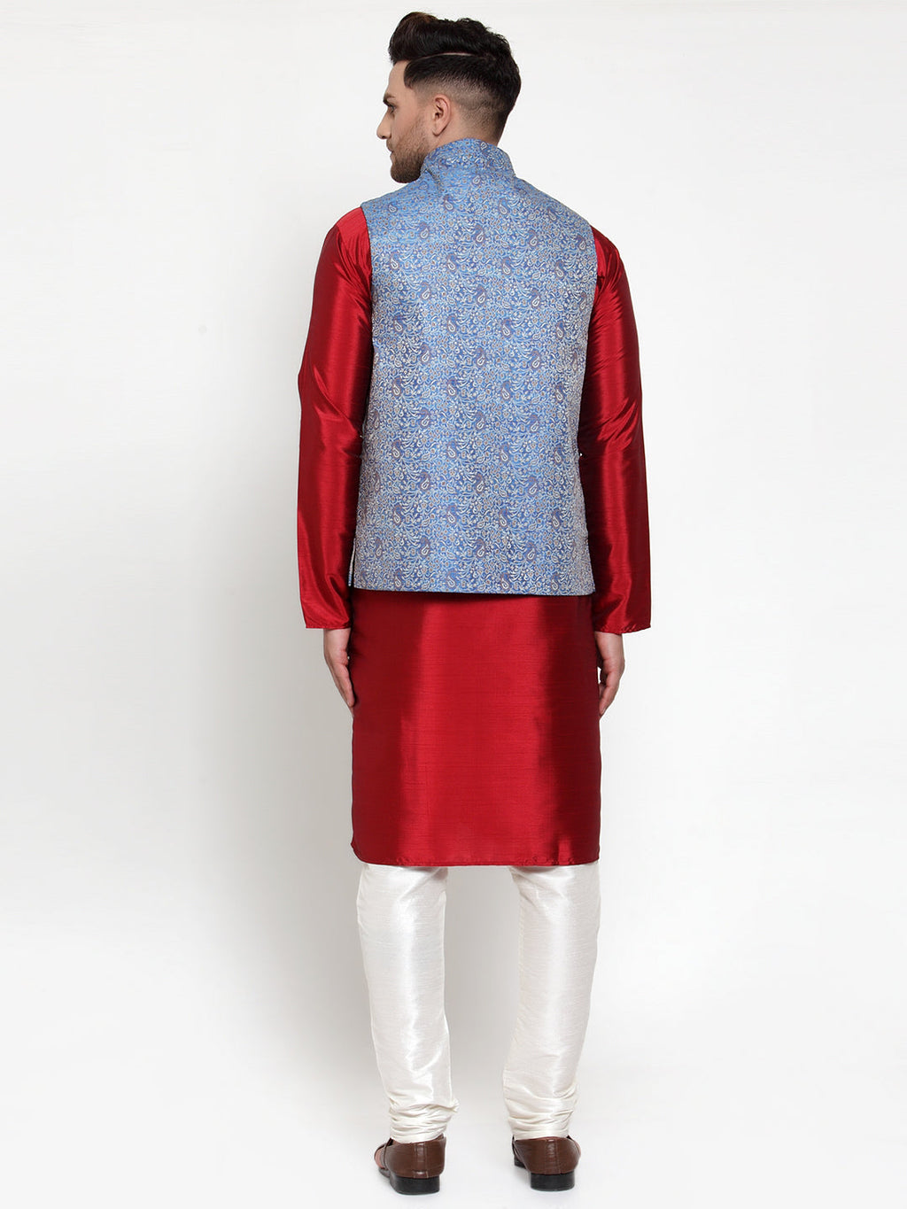 Jompers Men's Solid Dupion Kurta Pajama with Woven Jacqaurd Nehru Blue Jacket | Grocsy