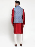 Jompers Men's Solid Dupion Kurta Pajama with Woven Jacqaurd Nehru Blue Jacket | Grocsy