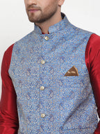 Jompers Men's Solid Dupion Kurta Pajama with Woven Jacqaurd Nehru Blue Jacket | Grocsy