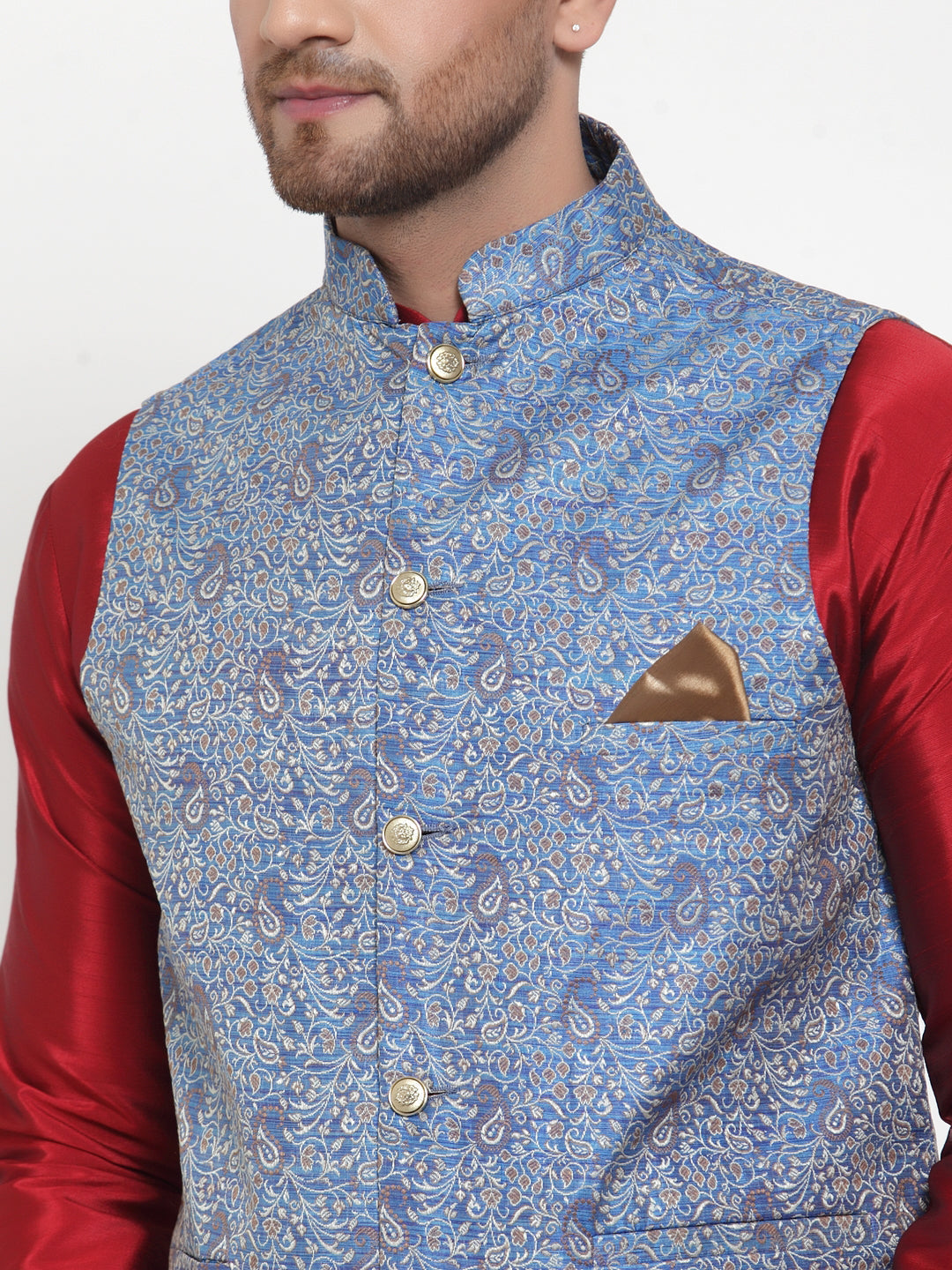 Jompers Men's Solid Dupion Kurta Pajama with Woven Jacqaurd Nehru Blue Jacket | Grocsy