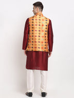 Jompers Men's Maroon Dupion Silk Kurta with Churidar&Nehru Jacket(Orange) | Grocsy