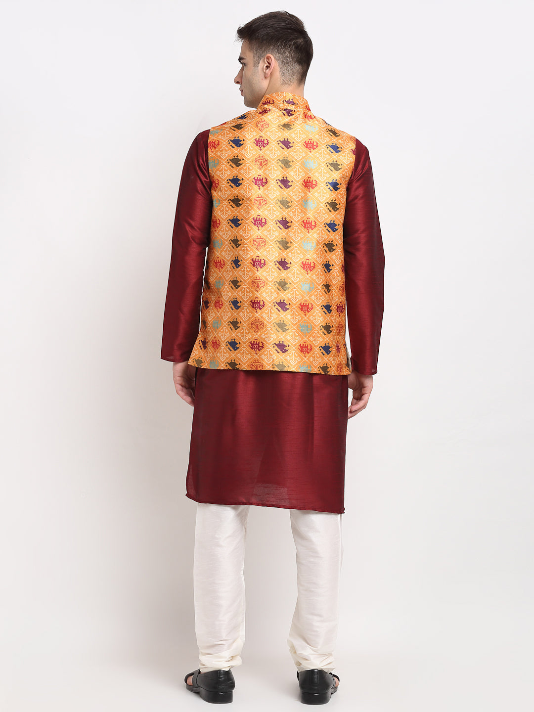 Jompers Men's Maroon Dupion Silk Kurta with Churidar&Nehru Jacket(Orange) | Grocsy