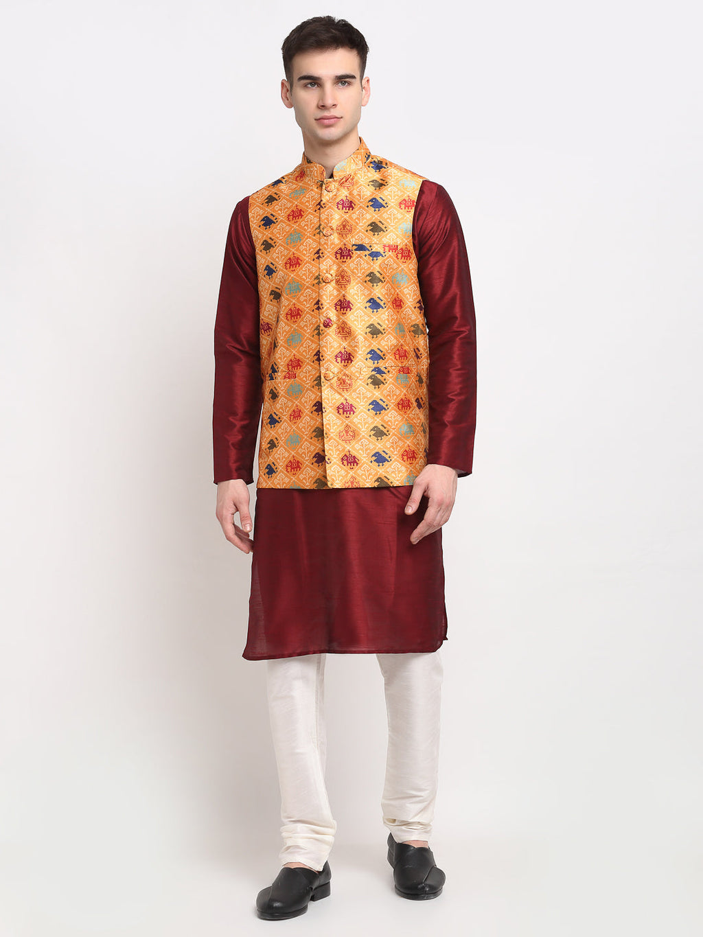 Jompers Men's Maroon Dupion Silk Kurta with Churidar&Nehru Jacket(Orange) | Grocsy