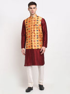 Jompers Men's Maroon Dupion Silk Kurta with Churidar&Nehru Jacket(Orange) | Grocsy