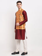 Jompers Men's Maroon Dupion Silk Kurta with Churidar&Nehru Jacket(Orange) | Grocsy