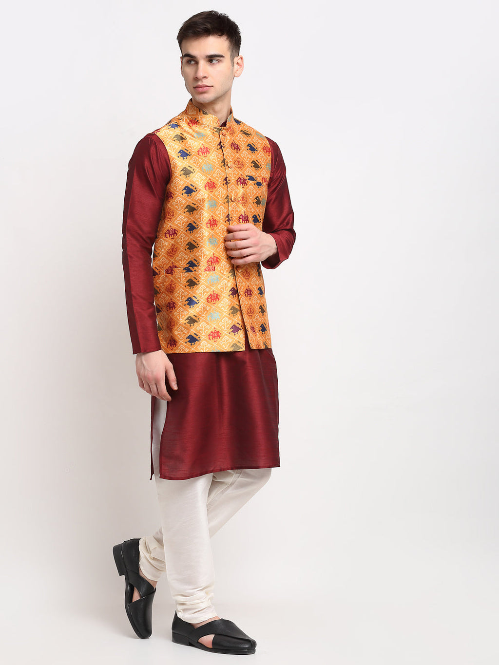 Jompers Men's Maroon Dupion Silk Kurta with Churidar&Nehru Jacket(Orange) | Grocsy