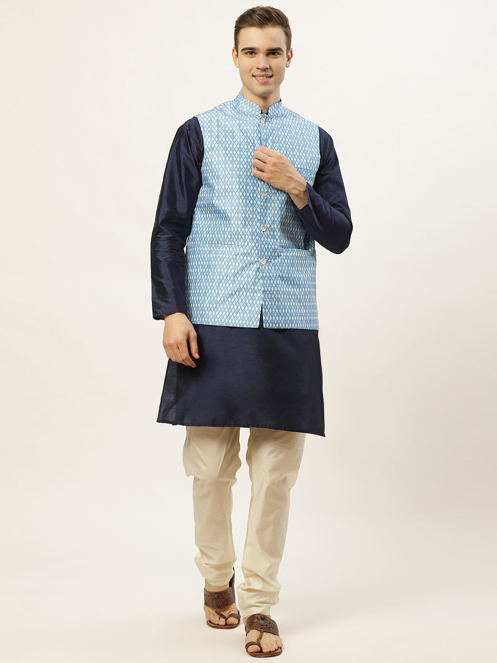 Jompers Men's Ikat Printed Nehru Jacket and Kurta Pyjama Set - Sky Blue | Grocsy