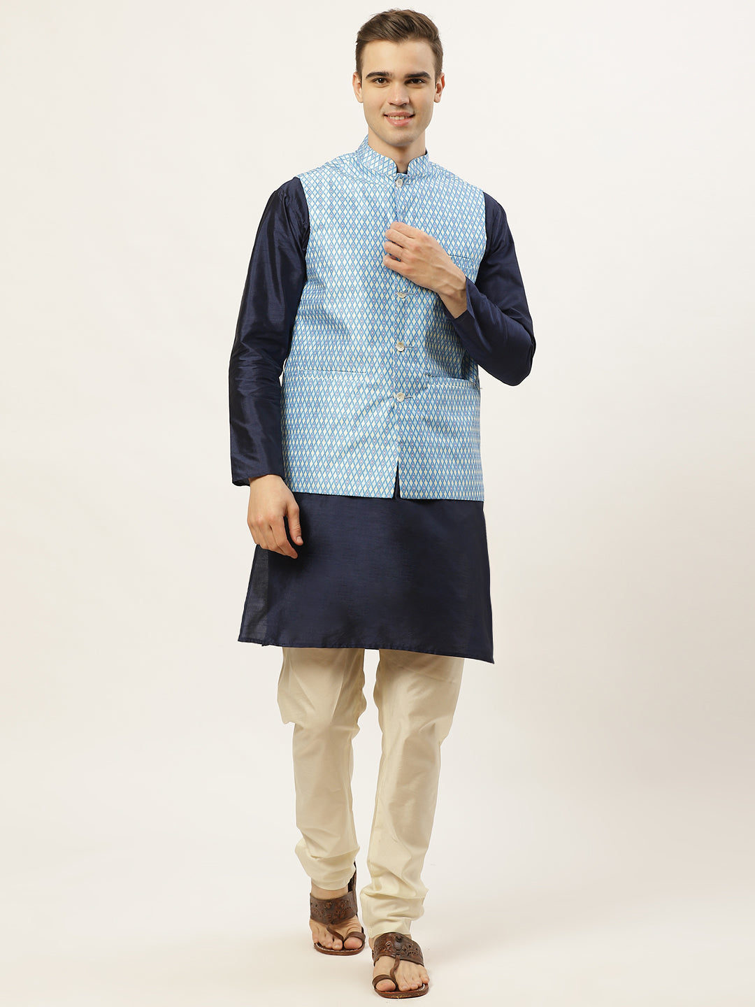 Jompers Men's Ikat Printed Nehru Jacket and Kurta Pyjama Set - Sky Blue | Grocsy