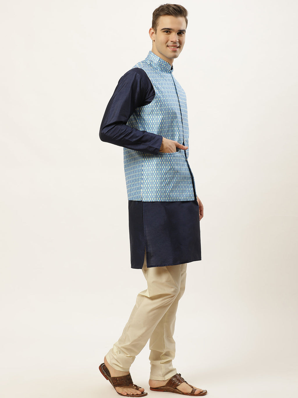 Jompers Men's Ikat Printed Nehru Jacket and Kurta Pyjama Set - Sky Blue | Grocsy