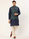 Jompers Men's Solid Kurta Pyjama With Blue Woven Design Nehru Jacket | Grocsy