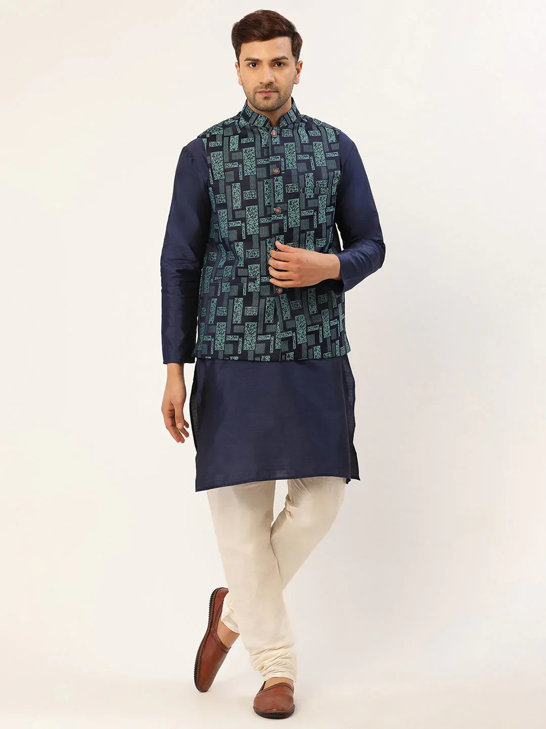 Jompers Men's Solid Kurta Pyjama With Blue Woven Design Nehru Jacket | Grocsy