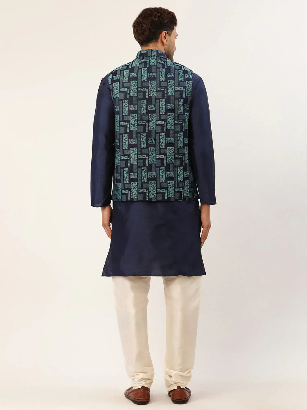 Jompers Men's Solid Kurta Pyjama With Blue Woven Design Nehru Jacket | Grocsy