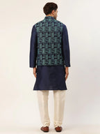 Jompers Men's Solid Kurta Pyjama With Blue Woven Design Nehru Jacket | Grocsy