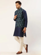 Jompers Men's Solid Kurta Pyjama With Blue Woven Design Nehru Jacket | Grocsy