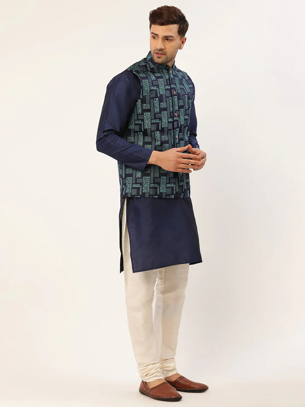 Jompers Men's Solid Kurta Pyjama With Blue Woven Design Nehru Jacket | Grocsy