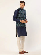 Jompers Men's Solid Kurta Pyjama With Blue Woven Design Nehru Jacket | Grocsy