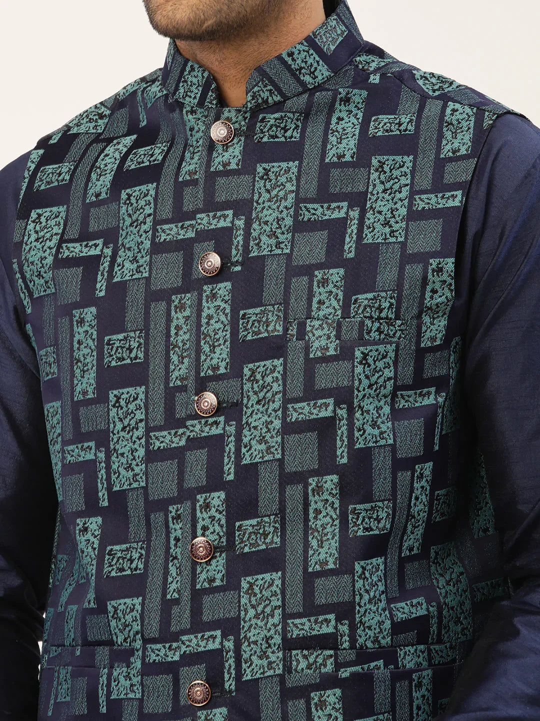 Jompers Men's Solid Kurta Pyjama With Blue Woven Design Nehru Jacket | Grocsy