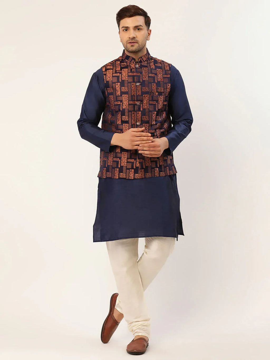 Jompers Men's Solid Kurta Pyjama With Bronze Woven Design Nehru Jacket | Grocsy