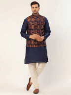 Jompers Men's Solid Kurta Pyjama With Bronze Woven Design Nehru Jacket | Grocsy