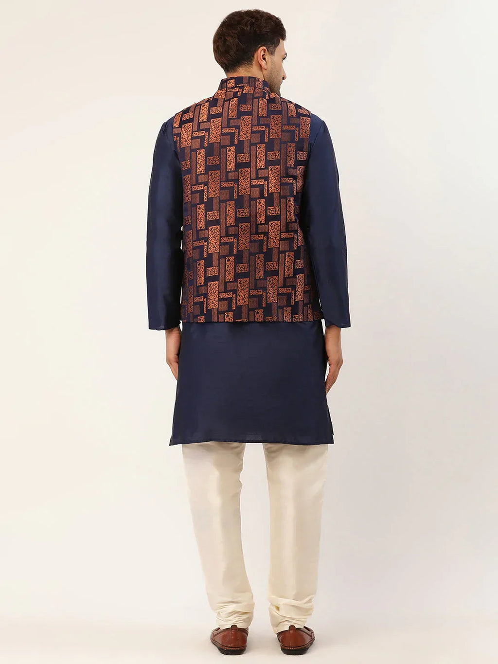 Jompers Men's Solid Kurta Pyjama With Bronze Woven Design Nehru Jacket | Grocsy