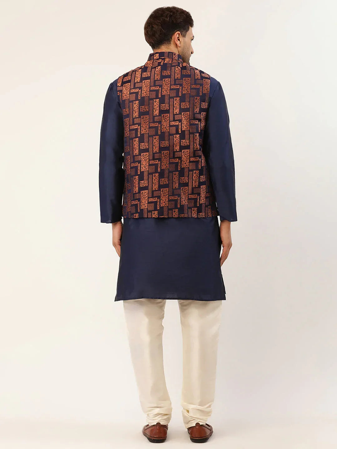 Jompers Men's Solid Kurta Pyjama With Bronze Woven Design Nehru Jacket | Grocsy