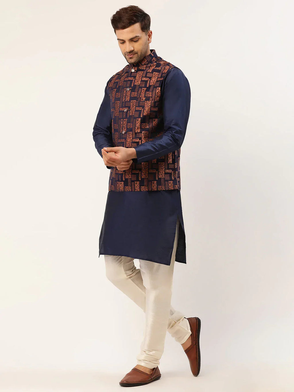 Jompers Men's Solid Kurta Pyjama With Bronze Woven Design Nehru Jacket | Grocsy