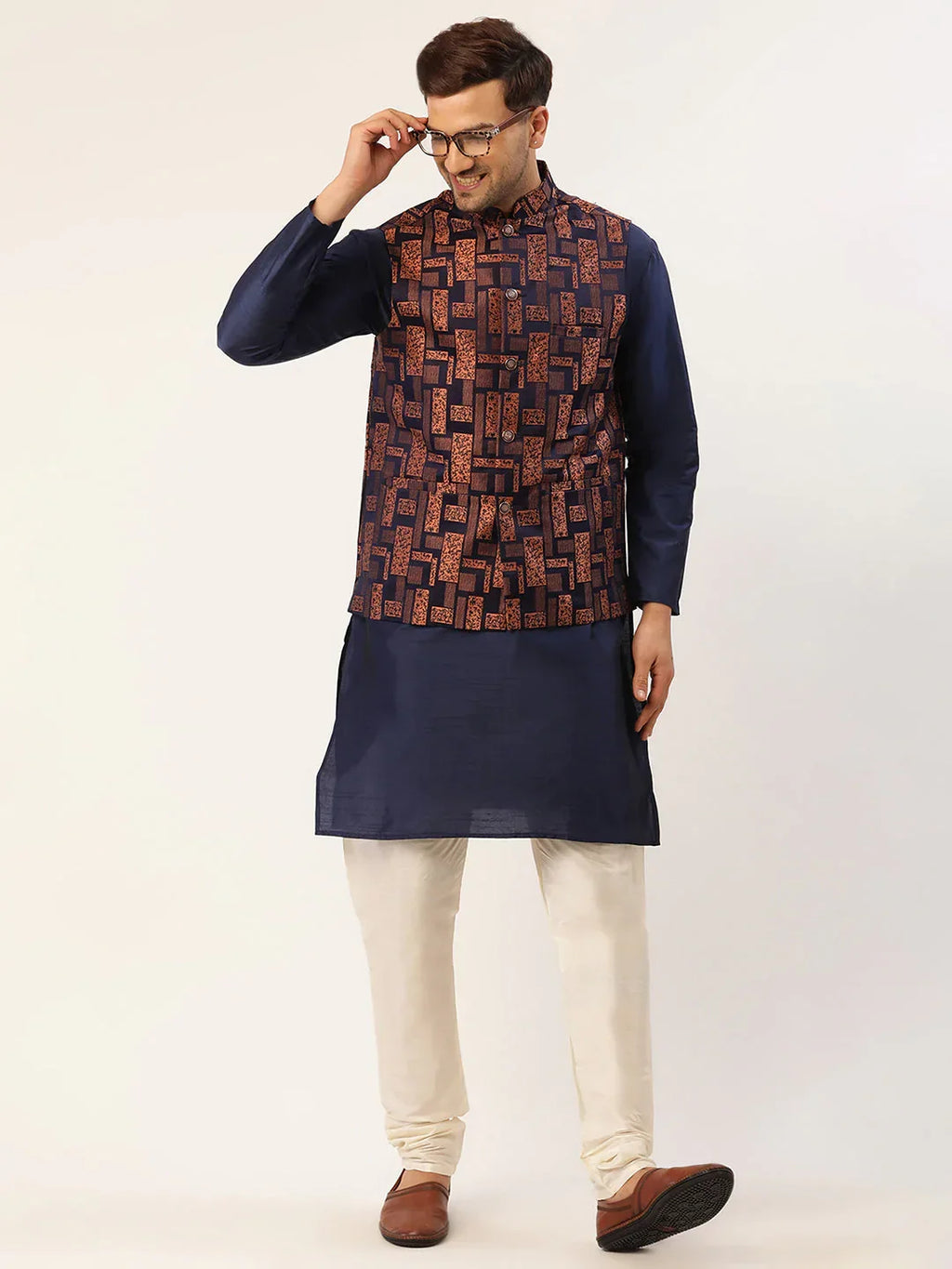 Jompers Men's Solid Kurta Pyjama With Bronze Woven Design Nehru Jacket | Grocsy