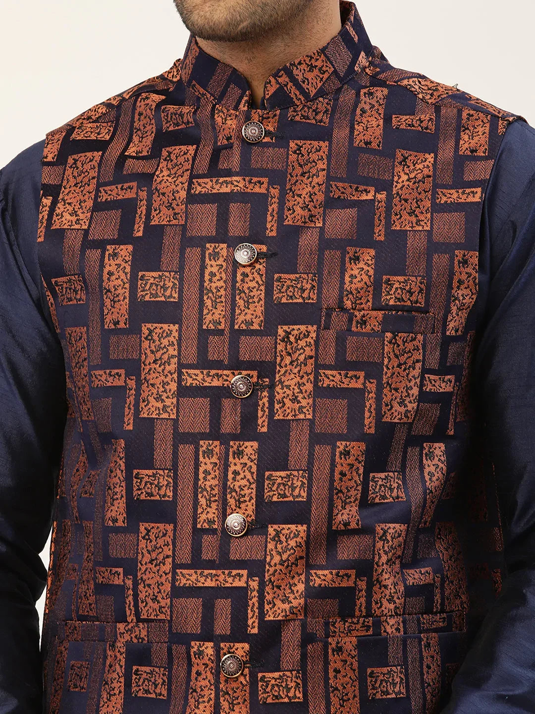 Jompers Men's Solid Kurta Pyjama With Bronze Woven Design Nehru Jacket | Grocsy
