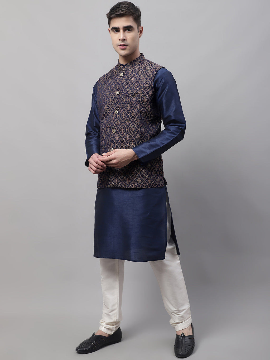 Jompers Men's Navy Blue Solid Kurta Pyjama with Brown Woven Design Nehru Jacket | Grocsy