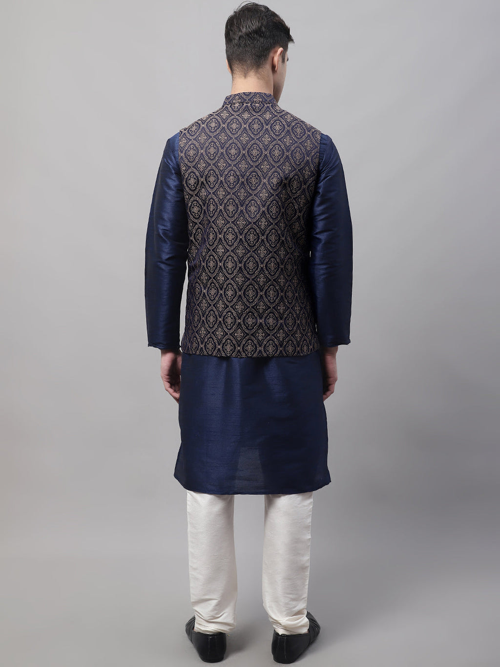 Jompers Men's Navy Blue Solid Kurta Pyjama with Brown Woven Design Nehru Jacket | Grocsy