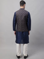 Jompers Men's Navy Blue Solid Kurta Pyjama with Brown Woven Design Nehru Jacket | Grocsy