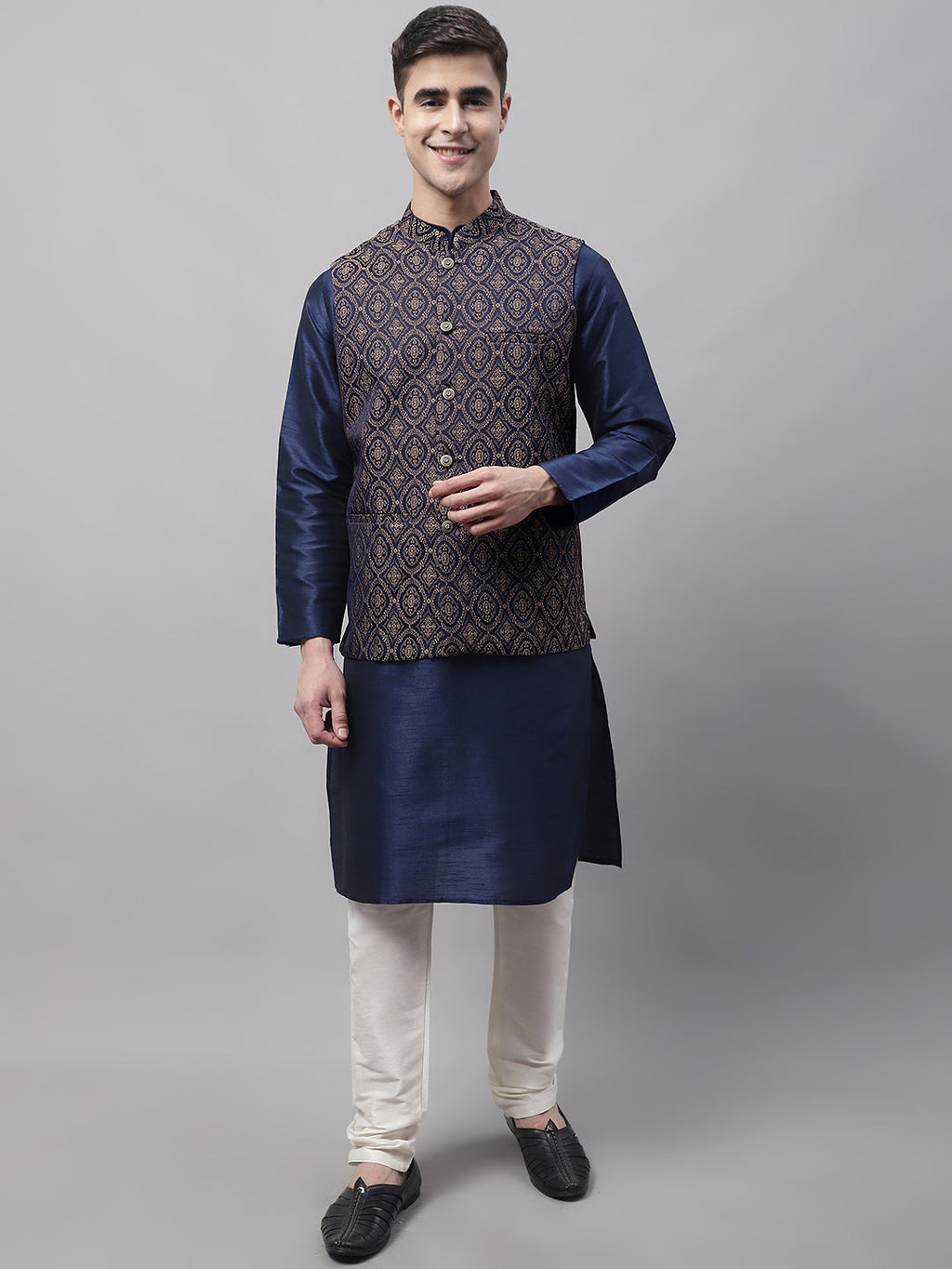 Jompers Men's Navy Blue Solid Kurta Pyjama with Brown Woven Design Nehru Jacket | Grocsy
