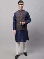 Jompers Men's Navy Blue Solid Kurta Pyjama with Brown Woven Design Nehru Jacket | Grocsy