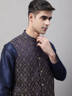Jompers Men's Navy Blue Solid Kurta Pyjama with Brown Woven Design Nehru Jacket | Grocsy