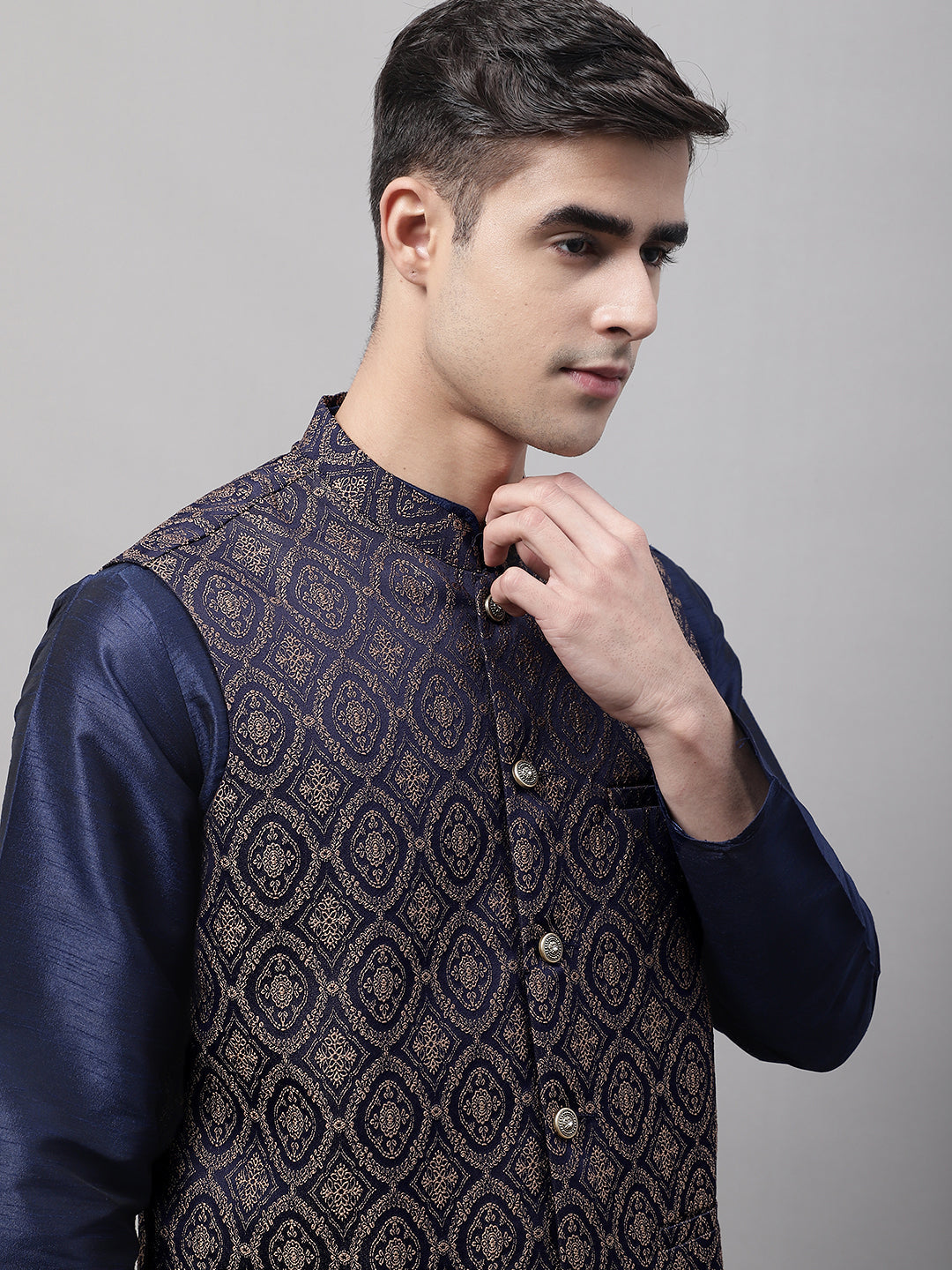 Jompers Men's Navy Blue Solid Kurta Pyjama with Brown Woven Design Nehru Jacket | Grocsy