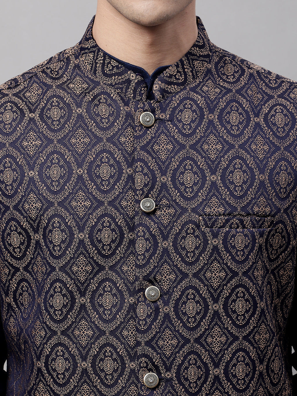 Jompers Men's Navy Blue Solid Kurta Pyjama with Brown Woven Design Nehru Jacket | Grocsy