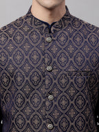 Jompers Men's Navy Blue Solid Kurta Pyjama with Brown Woven Design Nehru Jacket | Grocsy