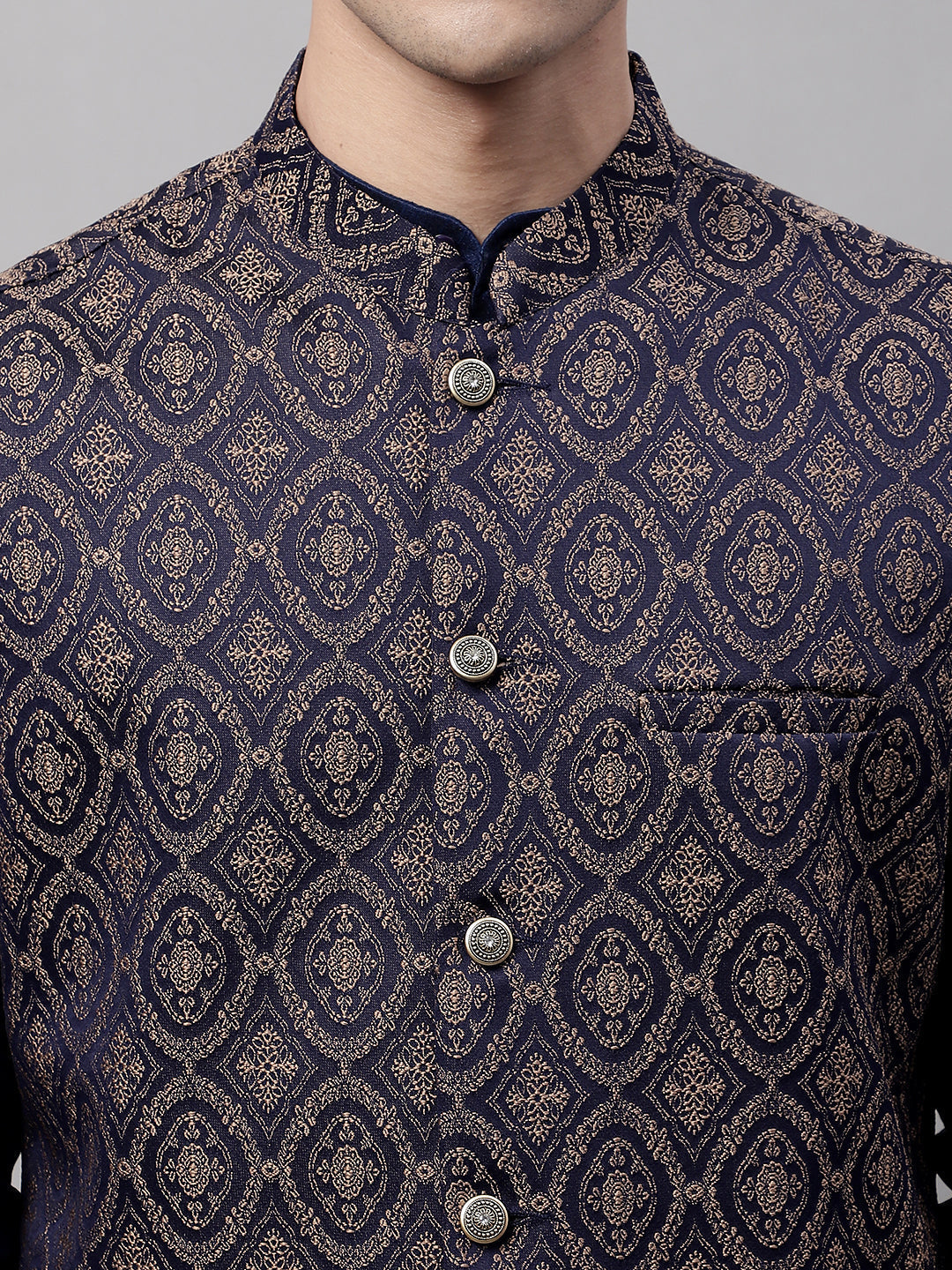 Jompers Men's Navy Blue Solid Kurta Pyjama with Brown Woven Design Nehru Jacket | Grocsy