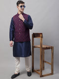 Jompers Men's Navy Blue Solid Kurta Pyjama with Maroon Woven Design Nehru Jacket | Grocsy