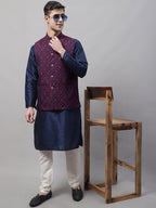 Jompers Men's Navy Blue Solid Kurta Pyjama with Maroon Woven Design Nehru Jacket | Grocsy