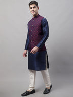 Jompers Men's Navy Blue Solid Kurta Pyjama with Maroon Woven Design Nehru Jacket | Grocsy