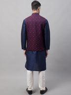 Jompers Men's Navy Blue Solid Kurta Pyjama with Maroon Woven Design Nehru Jacket | Grocsy