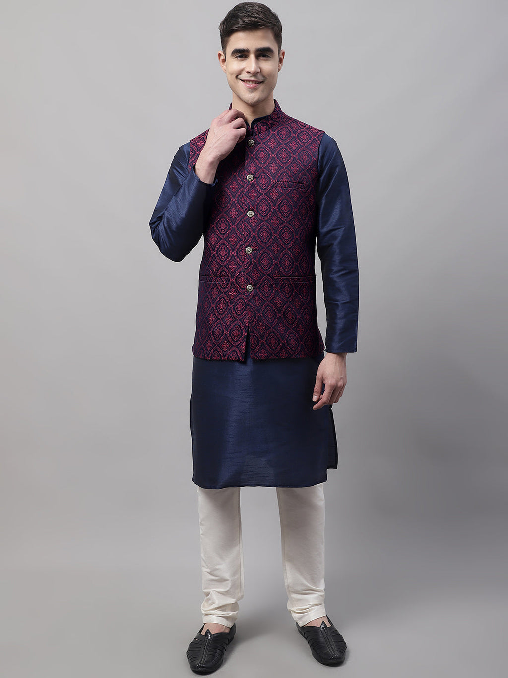 Jompers Men's Navy Blue Solid Kurta Pyjama with Maroon Woven Design Nehru Jacket | Grocsy