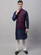 Jompers Men's Navy Blue Solid Kurta Pyjama with Maroon Woven Design Nehru Jacket | Grocsy